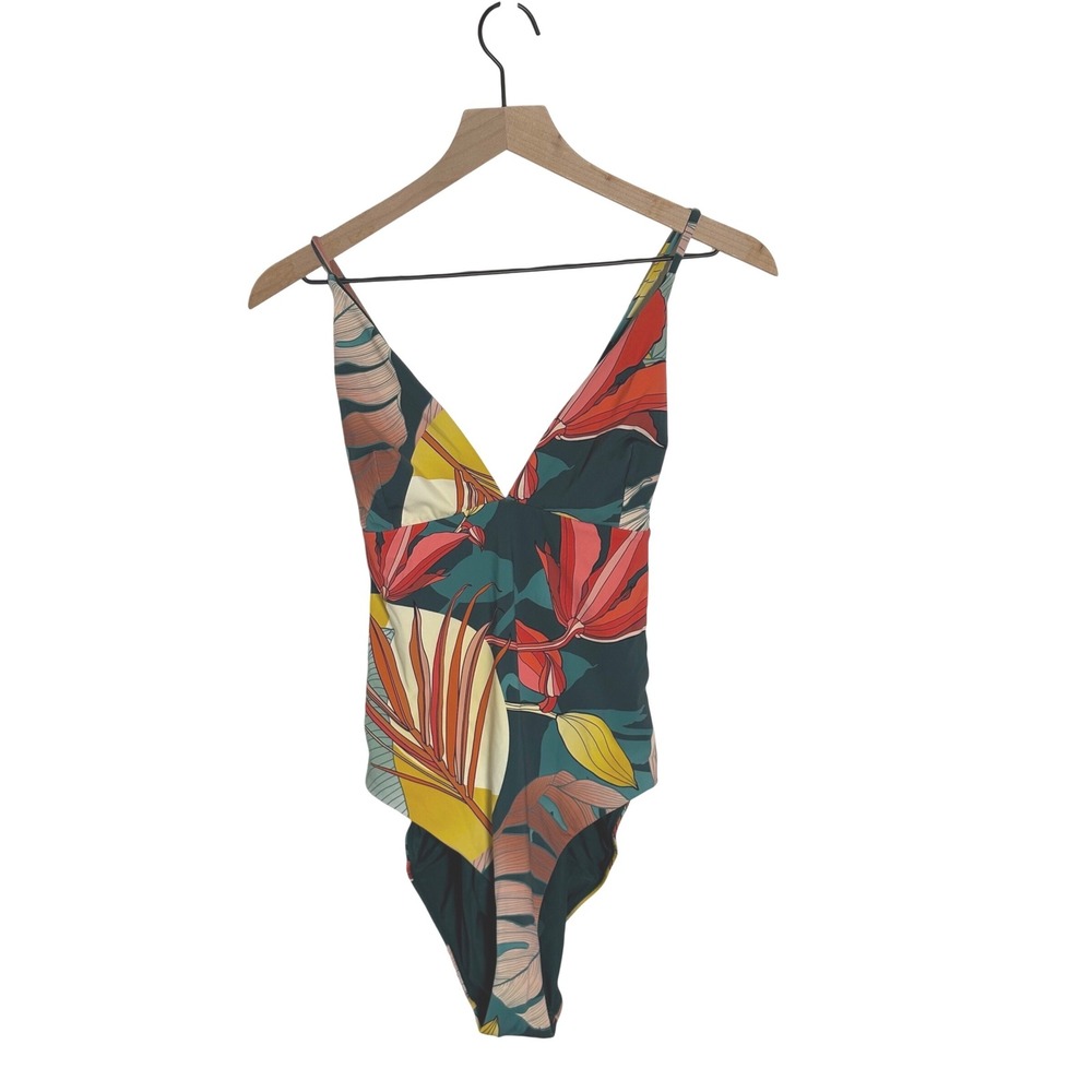 Calia Tropical Floral V-Neck Lace Up Back One Piece Swimsuit Green 14